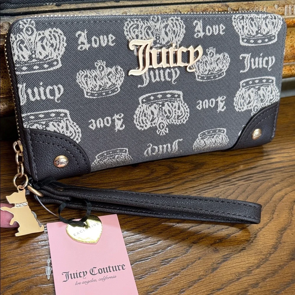 Juicy Couture Love & Crown Logo Wristlet. Zip around. Brown and tan color.